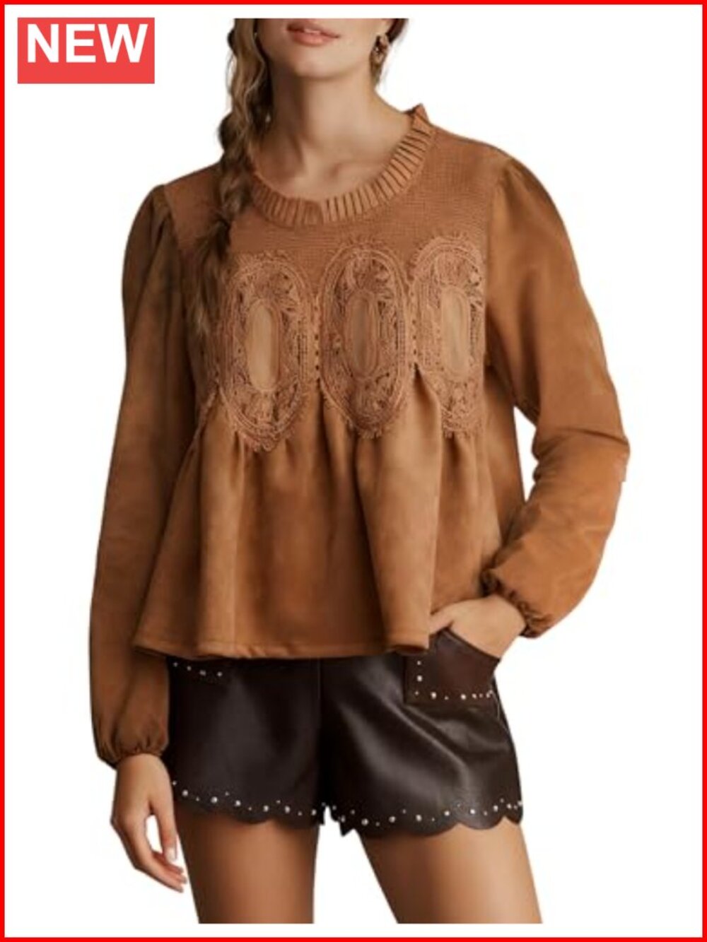 Women's Faux Suede Lace Babydoll Top Long Puff Sleeves Blouse
